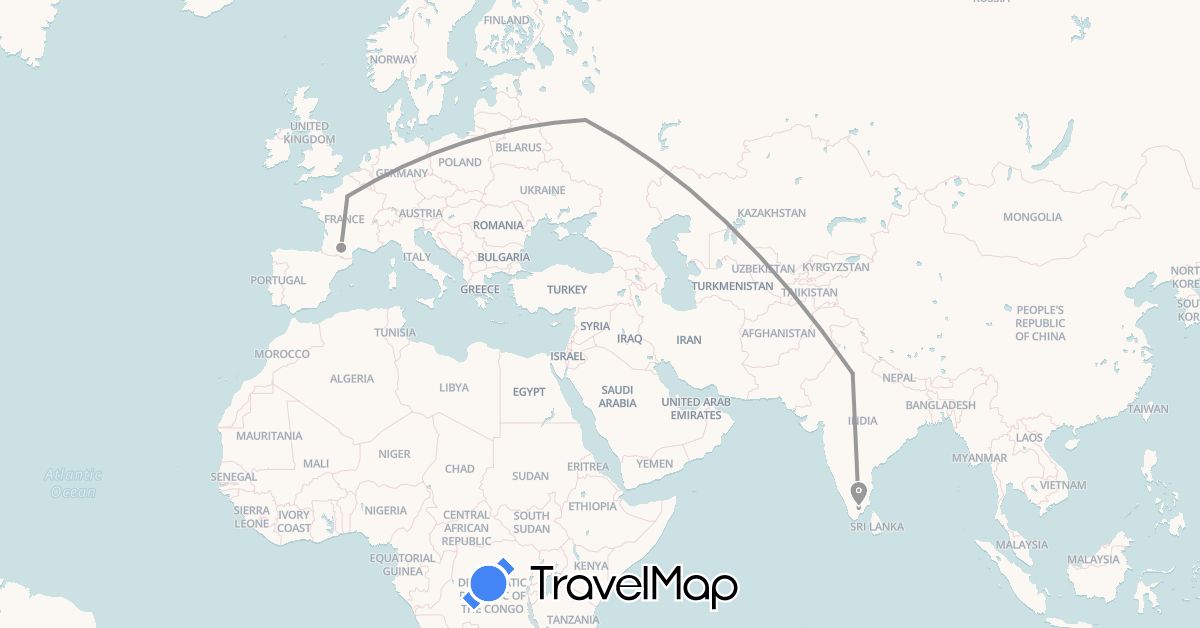 TravelMap itinerary: driving, plane in France, India, Russia (Asia, Europe)